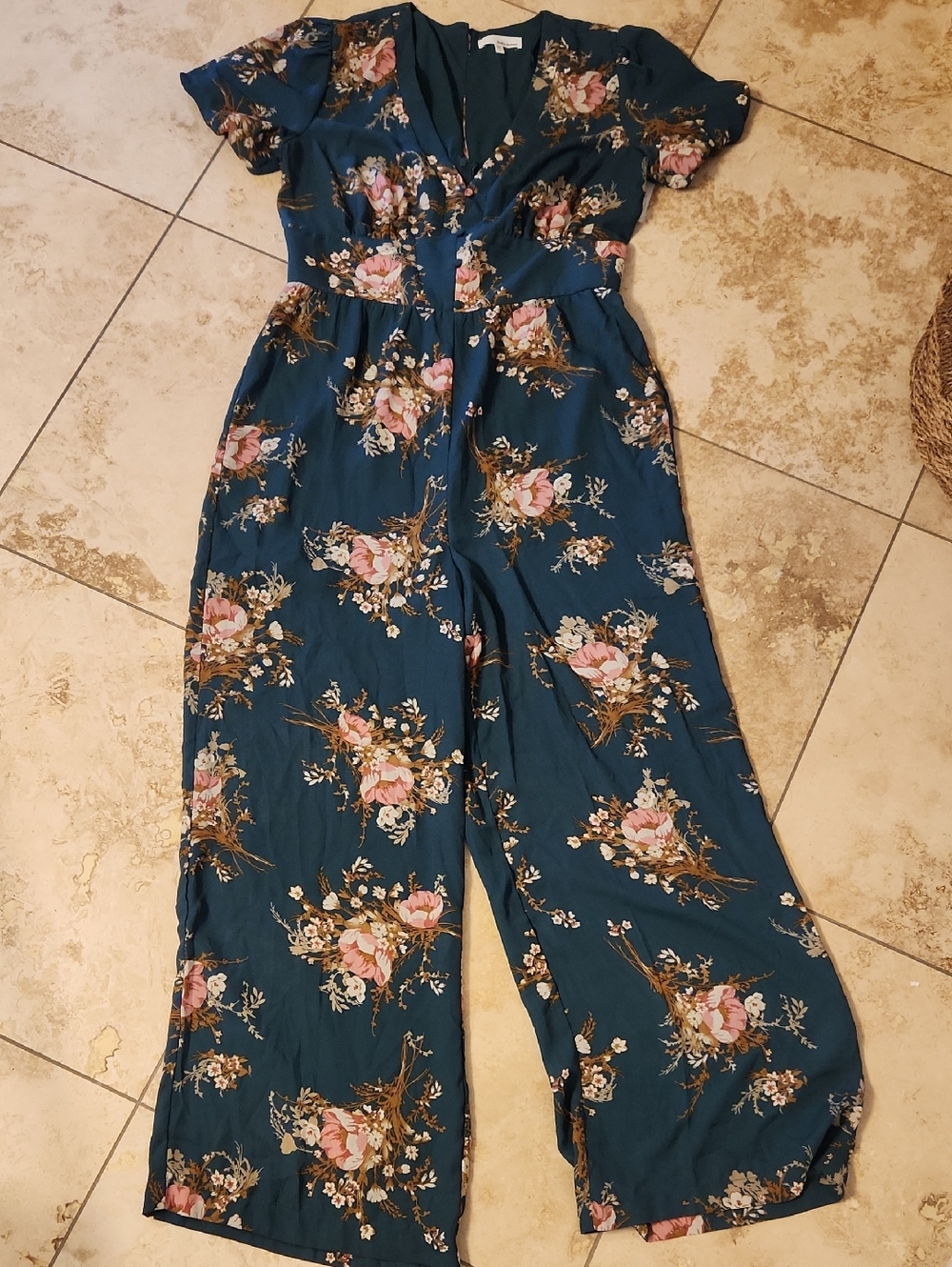 June & Hudson Floral Teal-Green Wide-Leg Jumpsuit NWT